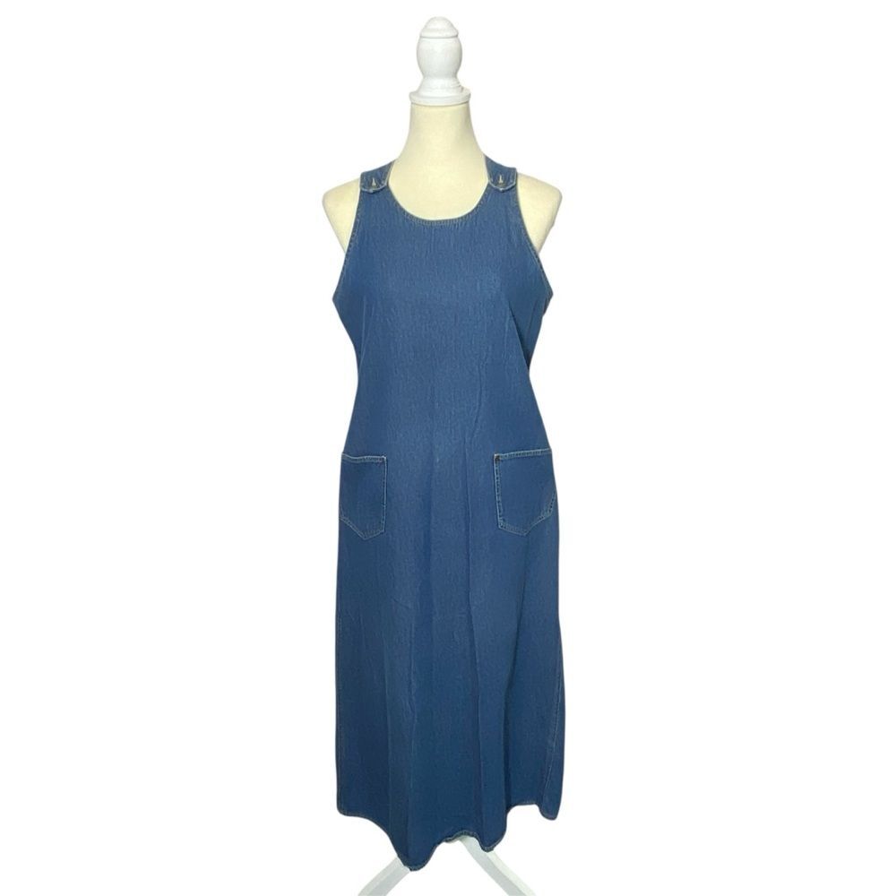 Vintage Petite Sophisticate Denim Jumper Midi Dress W/Pockets Women's Size 10